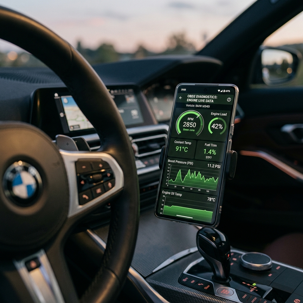 Sleek dashboard screen displaying automotive OBD2 charts and fuel metrics