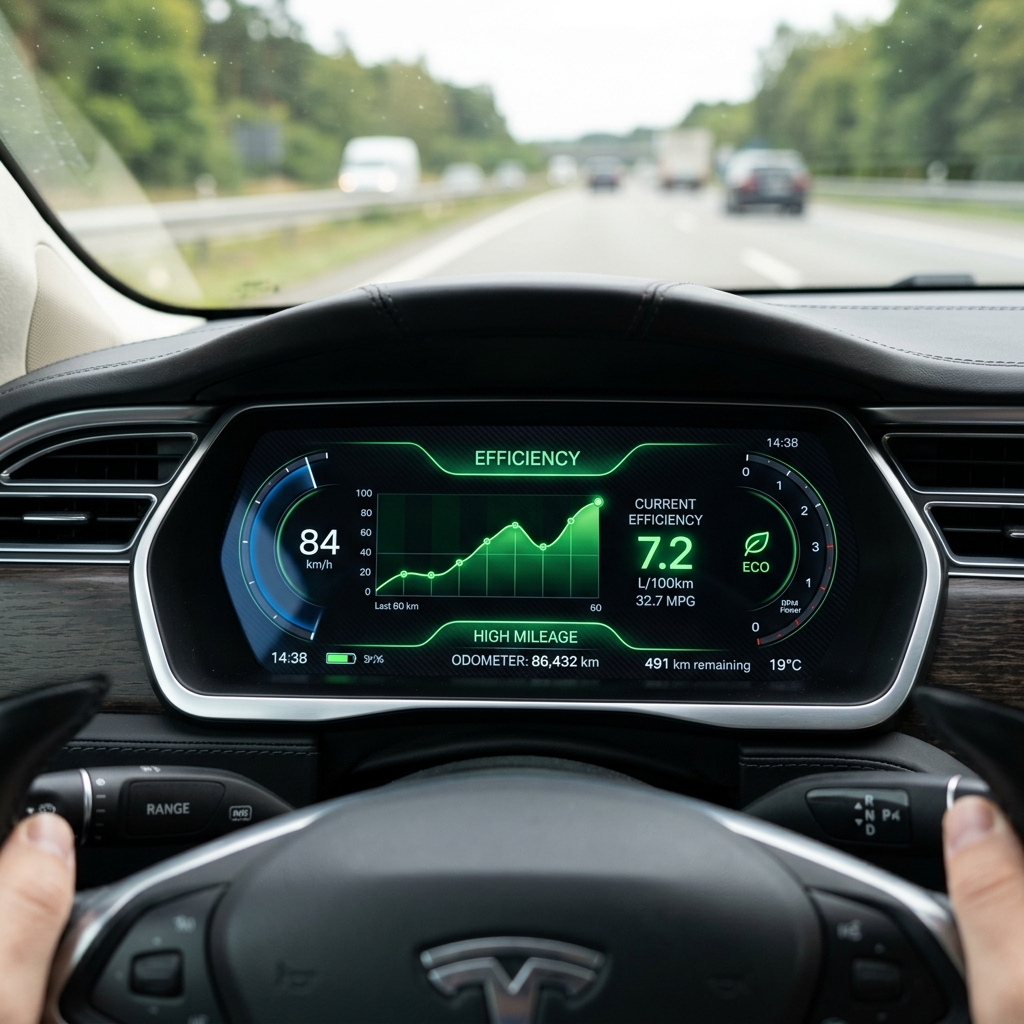 Aesthetic digital car dashboard showing fuel efficiency and green tones